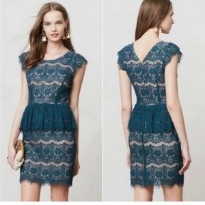 Anthropologie Maeve Elsa teal lace peplum cocktail dress, size L
